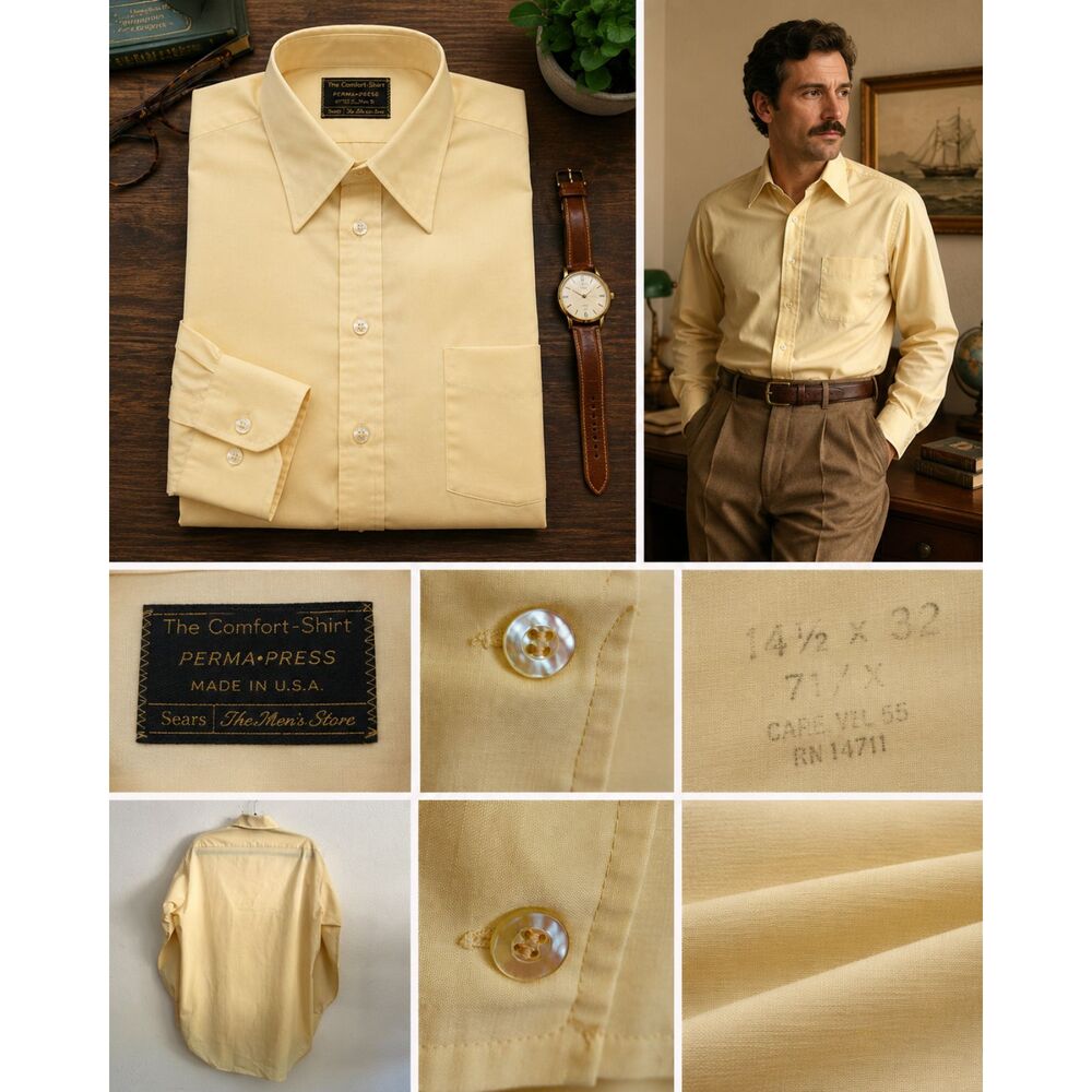 Vintage Sears The Comfort Shirt Yellow Permanent Press Dress Shirt USA 14.5x32